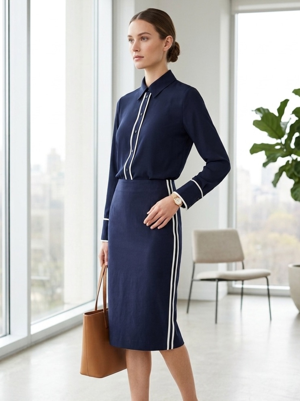 Liviana Conti Navy Blue & White Silk Shirt & Skirt Suit Set - US 6 (IT 42)
